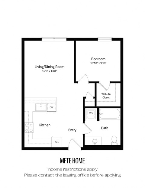 Floor plan for 1 bed, 1 bath, 649 sqft